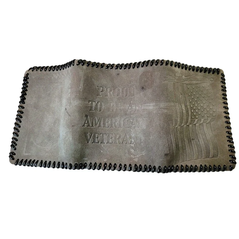 PROUD TO BE AN AMERICAN VETERAN!  Handmade Gray Leather Billfold Wallet Trifold